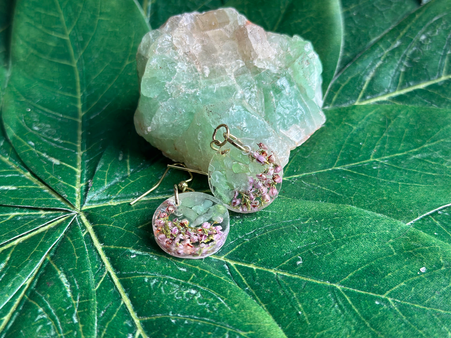 Aventurine and Heather Flower Earrings